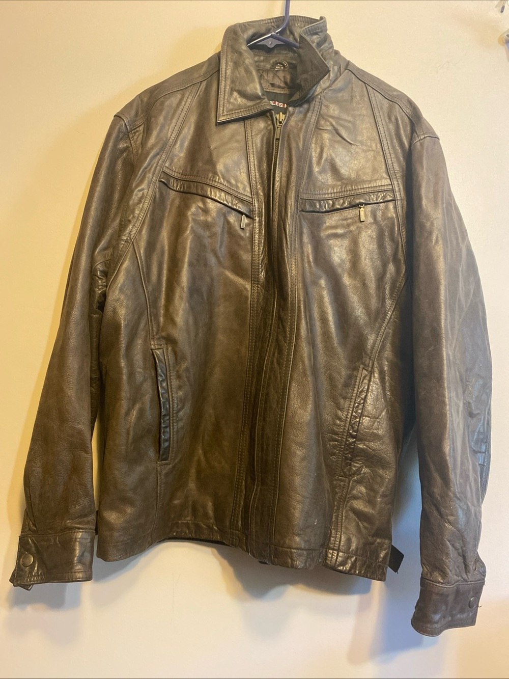 Charles Klein Biker Style Brown Leather Jacket 4 Pockets Men’s‎ Size XL Vintage